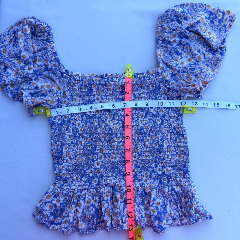 Blue Floral Milkmaid Smocked Peplum Top Cottagecore Fairycore - Picture 5 of 9